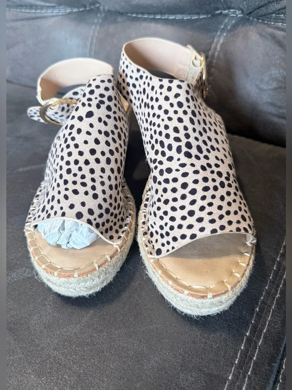 Catherine Malandrino Spotted Espadrille Wedge Sandals in Cream and Black